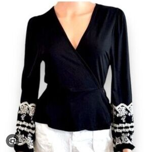 Elegant Black Wrap Top with Embroidered Sleeves Size M Blue Rain